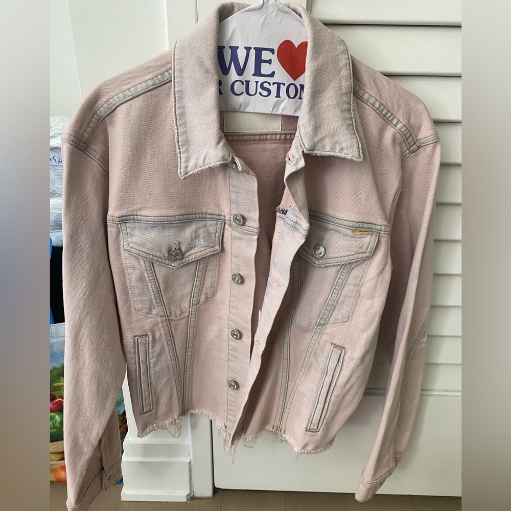 Mother denim light pink distressed denim jacket